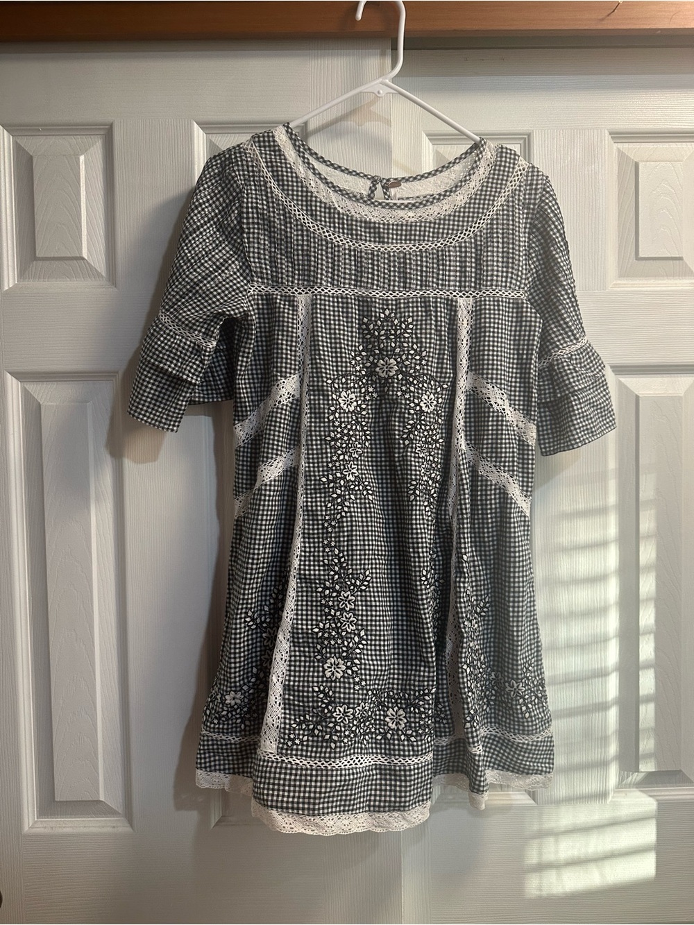 Free People Black and White Gingham Embroidered Mini Dress